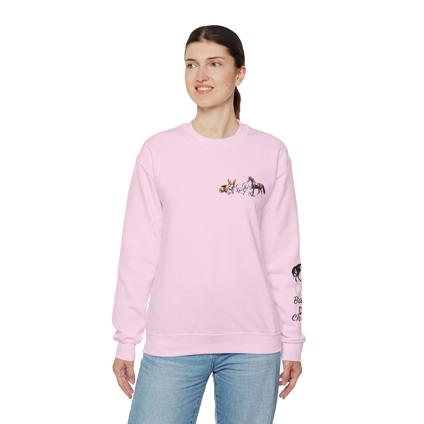 Fur Family Personalized Heavy Blend™ Crewneck Sweatshirt with your Cartoon Animals on the front and Names on the Sleeves