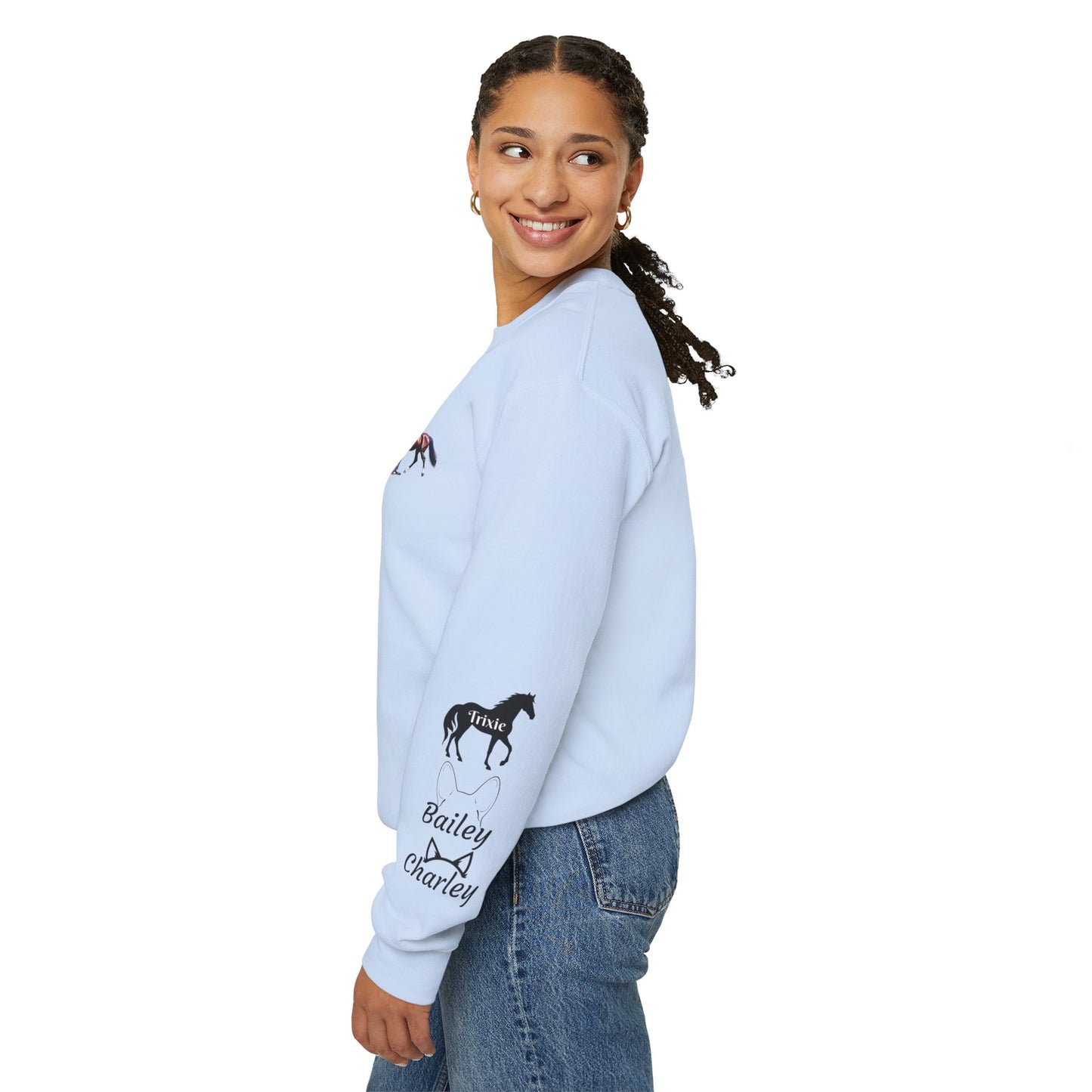 Fur Family Personalized Heavy Blend™ Crewneck Sweatshirt with your Cartoon Animals on the front and Names on the Sleeves