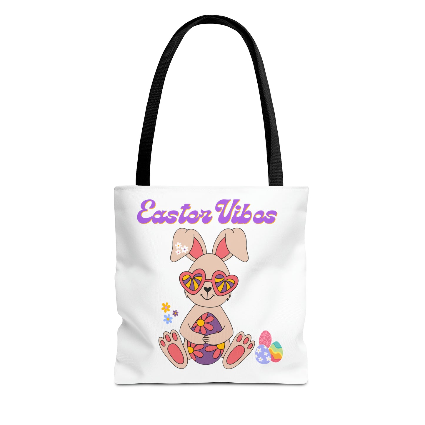 Easter Vibes Tote Bag with a Cool Bunny on the front with Easter Eggs and flowers