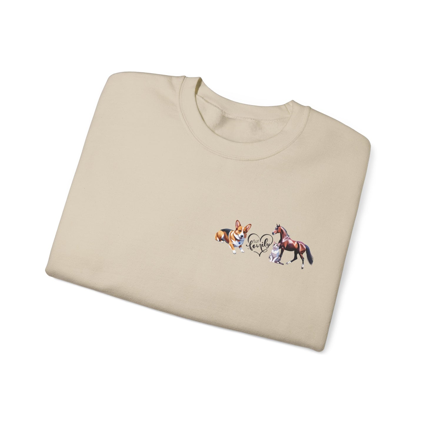 Fur Family Personalized Heavy Blend™ Crewneck Sweatshirt with your Cartoon Animals on the front and Names on the Sleeves