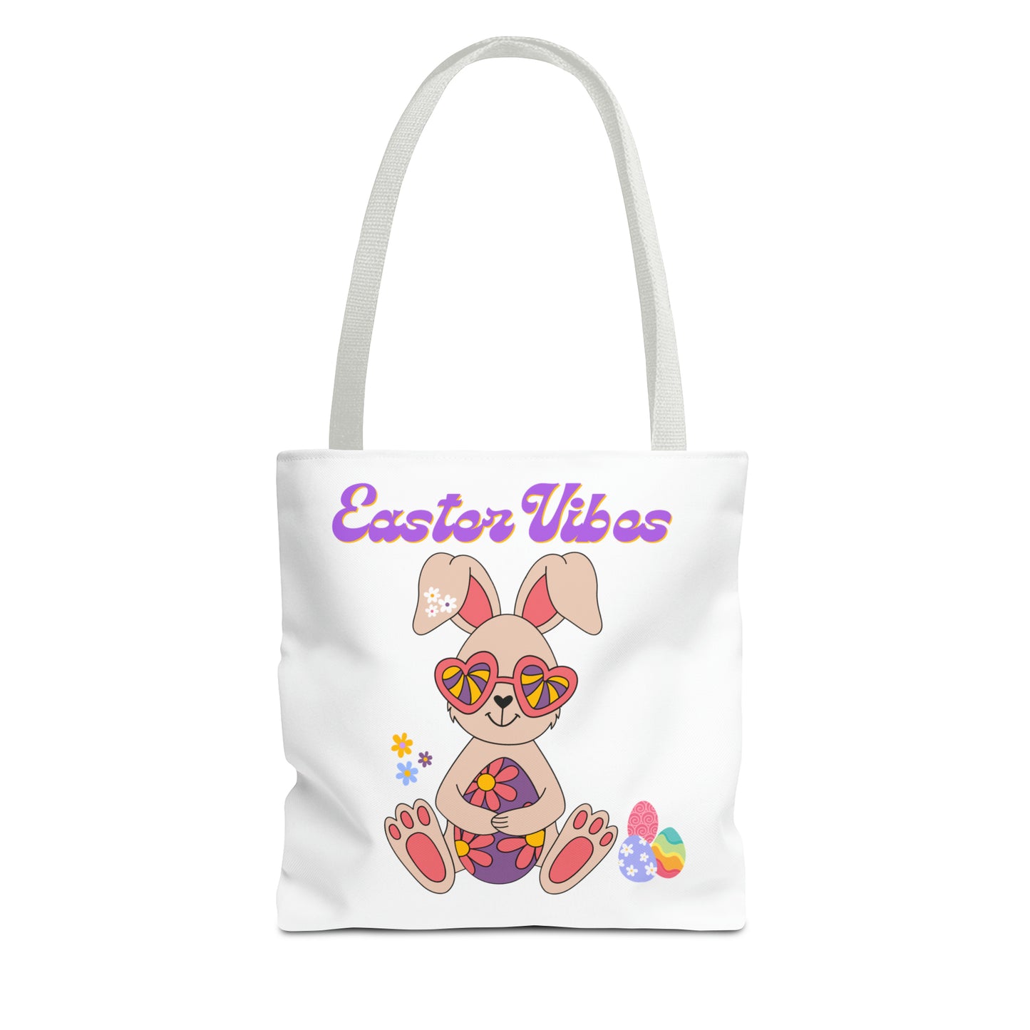 Easter Vibes Tote Bag with a Cool Bunny on the front with Easter Eggs and flowers