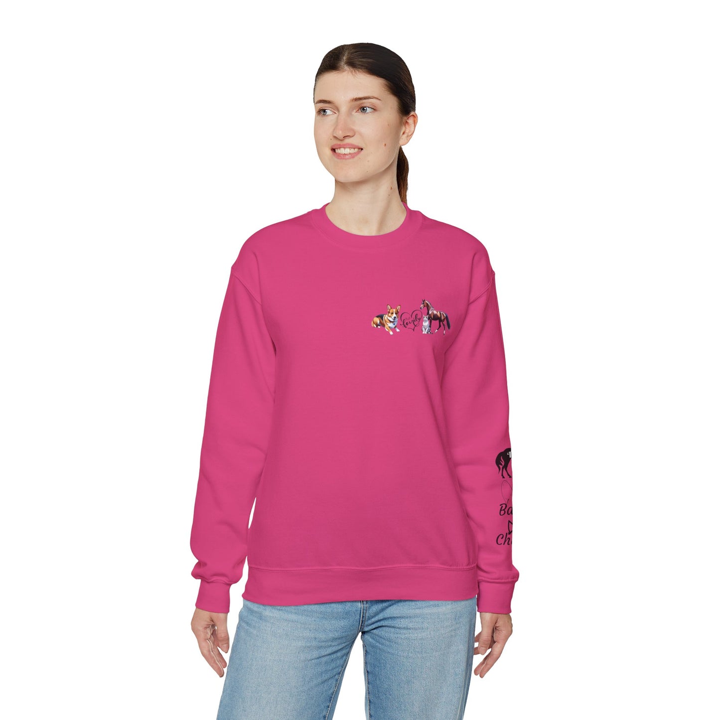 Fur Family Personalized Heavy Blend™ Crewneck Sweatshirt with your Cartoon Animals on the front and Names on the Sleeves