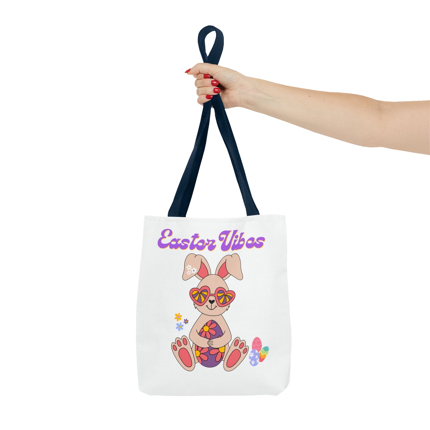 Easter Vibes Tote Bag with a Cool Bunny on the front with Easter Eggs and flowers