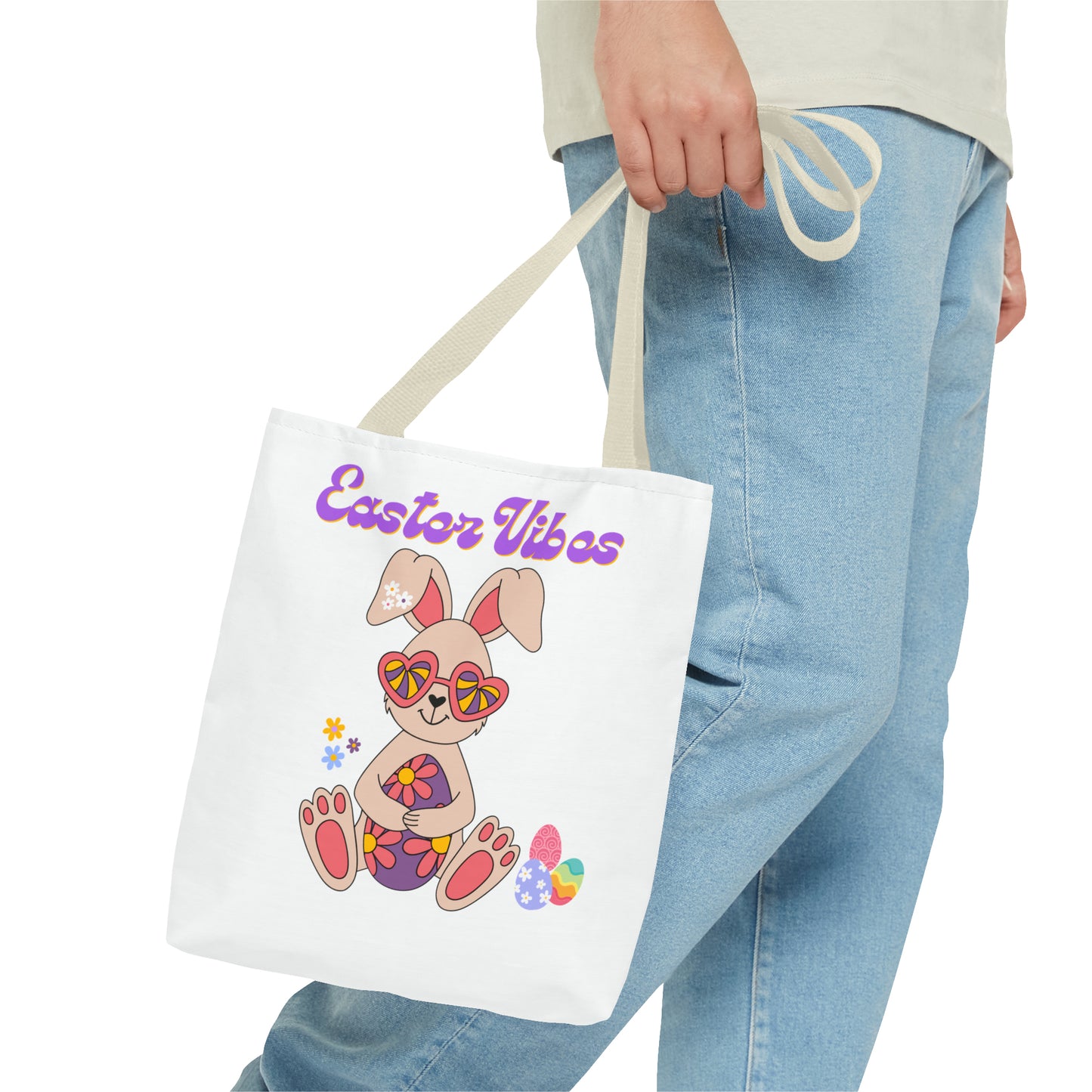 Easter Vibes Tote Bag with a Cool Bunny on the front with Easter Eggs and flowers