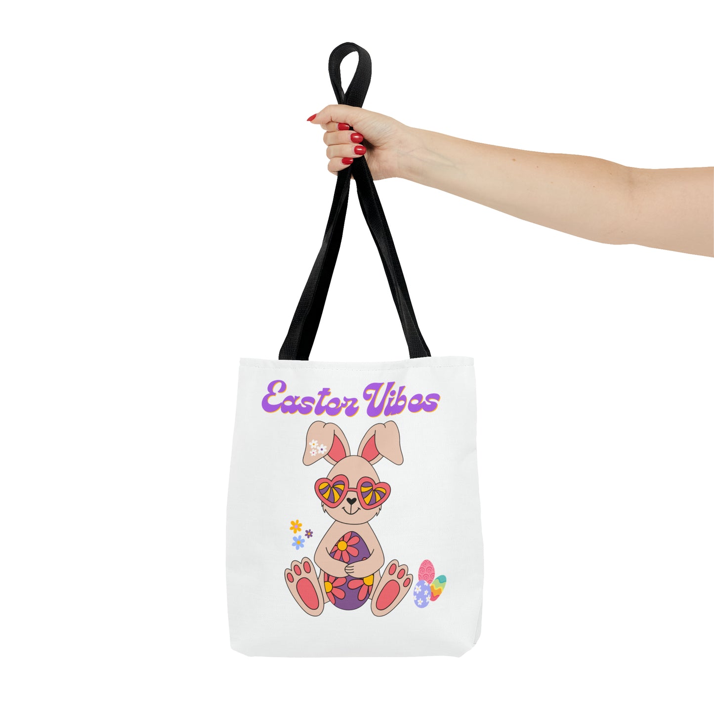 Easter Vibes Tote Bag with a Cool Bunny on the front with Easter Eggs and flowers