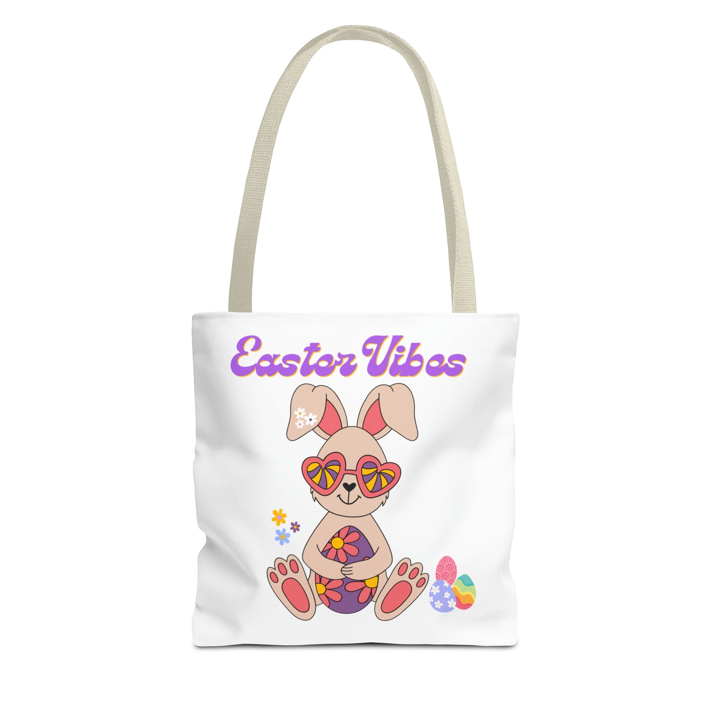 Easter Vibes Tote Bag with a Cool Bunny on the front with Easter Eggs and flowers