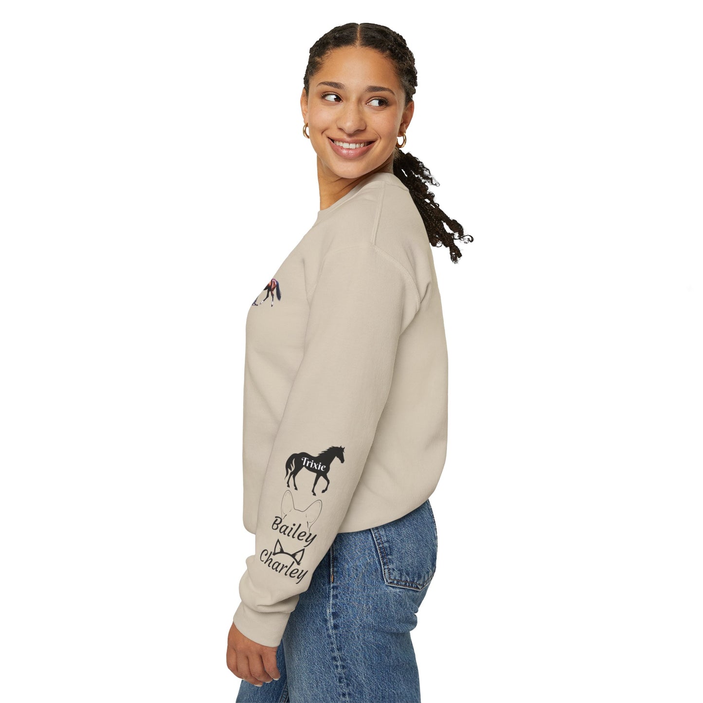 Fur Family Personalized Heavy Blend™ Crewneck Sweatshirt with your Cartoon Animals on the front and Names on the Sleeves