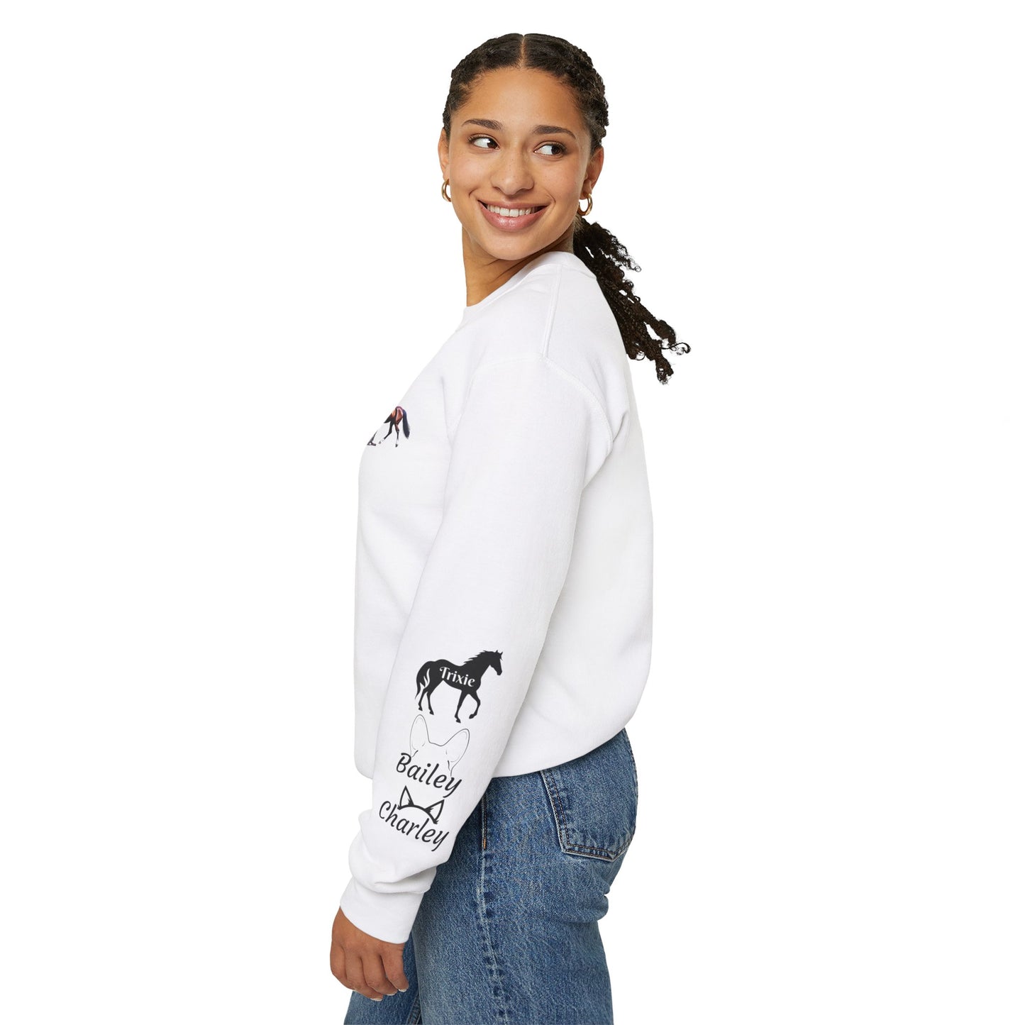 Fur Family Personalized Heavy Blend™ Crewneck Sweatshirt with your Cartoon Animals on the front and Names on the Sleeves