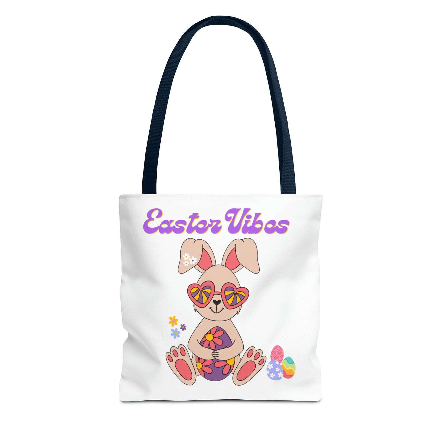 Easter Vibes Tote Bag with a Cool Bunny on the front with Easter Eggs and flowers