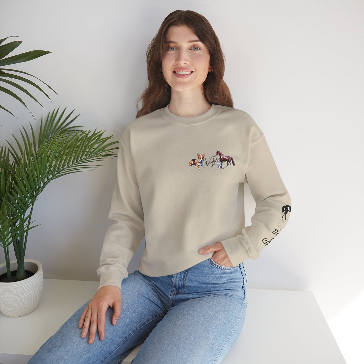 Fur Family Personalized Heavy Blend™ Crewneck Sweatshirt with your Cartoon Animals on the front and Names on the Sleeves