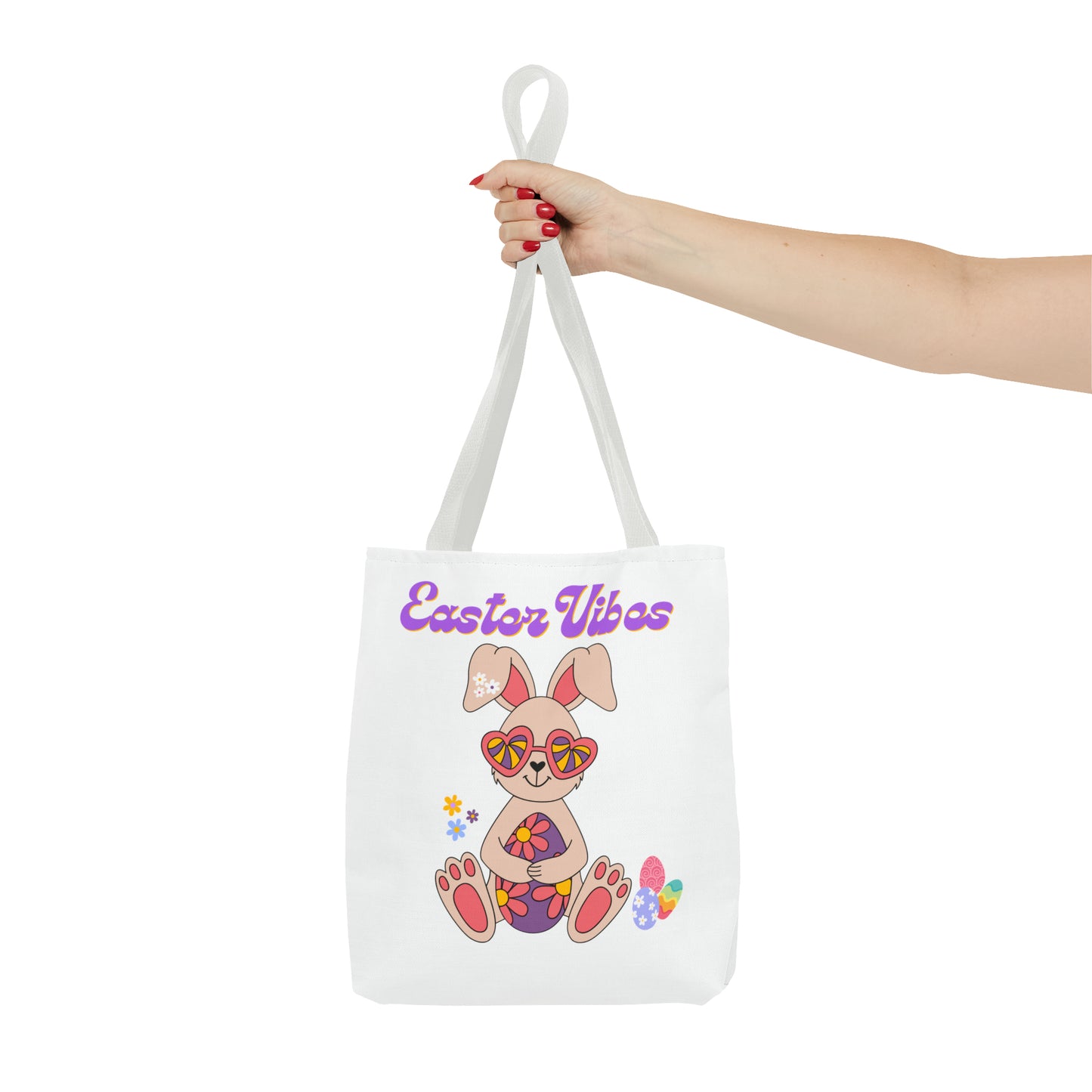 Easter Vibes Tote Bag with a Cool Bunny on the front with Easter Eggs and flowers
