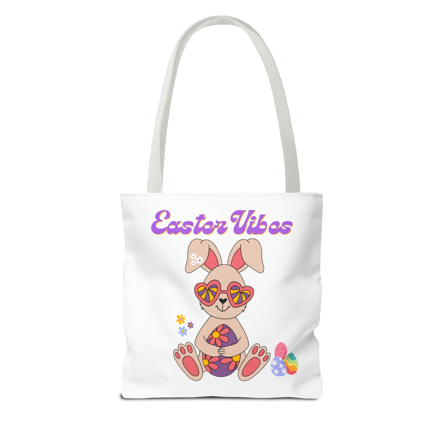 Easter Vibes Tote Bag with a Cool Bunny on the front with Easter Eggs and flowers