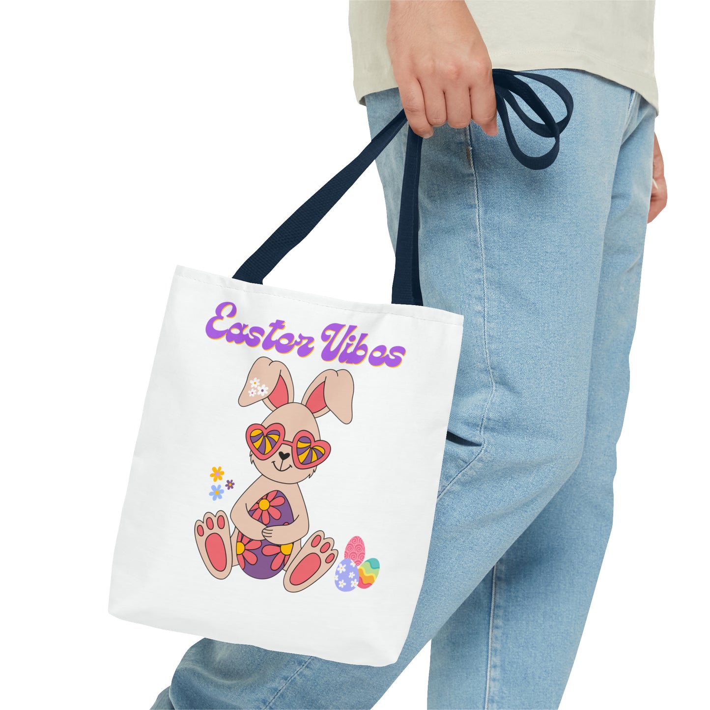 Easter Vibes Tote Bag with a Cool Bunny on the front with Easter Eggs and flowers