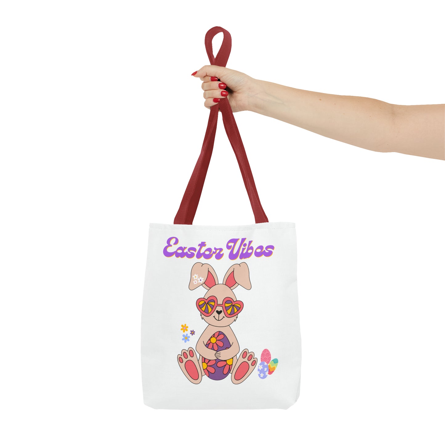 Easter Vibes Tote Bag with a Cool Bunny on the front with Easter Eggs and flowers