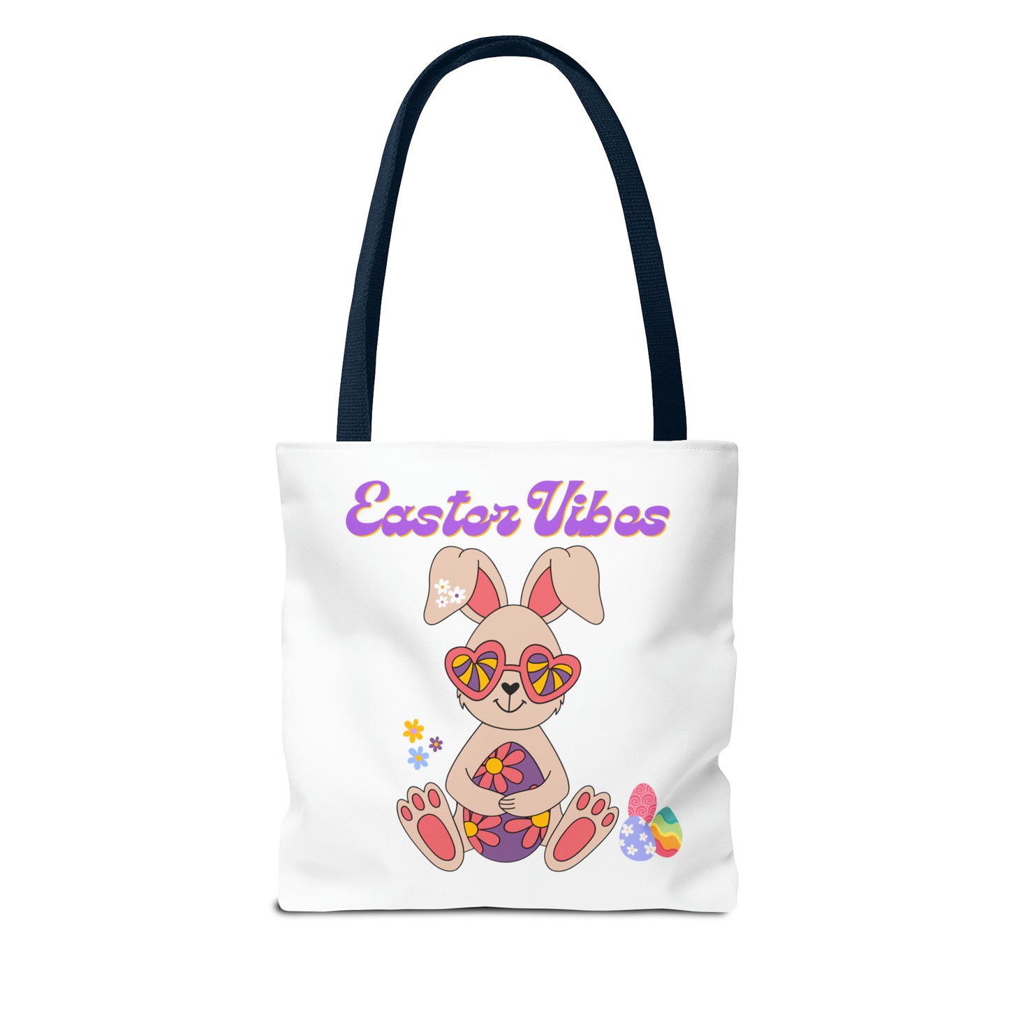Easter Vibes Tote Bag with a Cool Bunny on the front with Easter Eggs and flowers