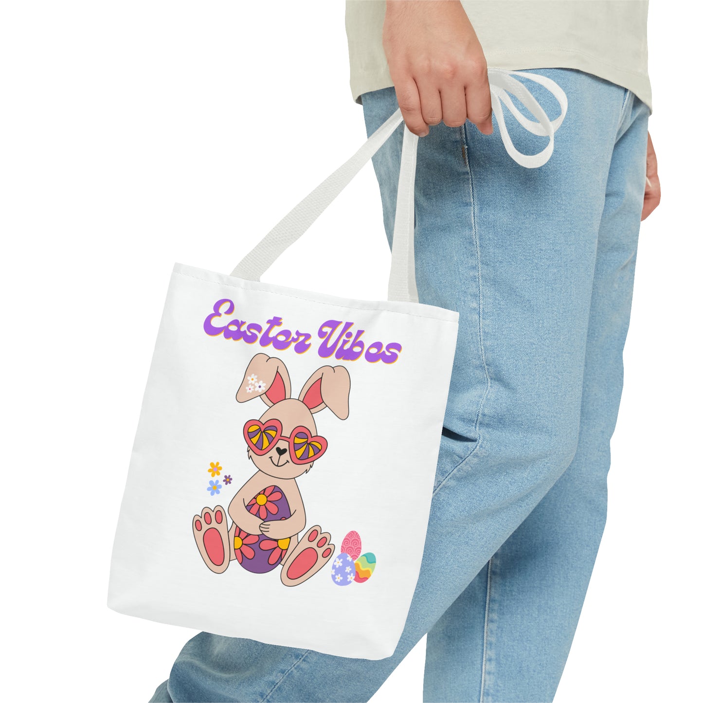 Easter Vibes Tote Bag with a Cool Bunny on the front with Easter Eggs and flowers