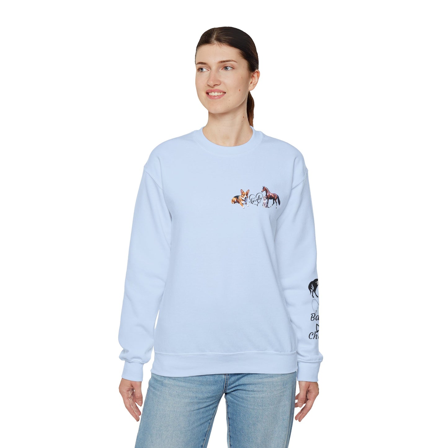 Fur Family Personalized Heavy Blend™ Crewneck Sweatshirt with your Cartoon Animals on the front and Names on the Sleeves