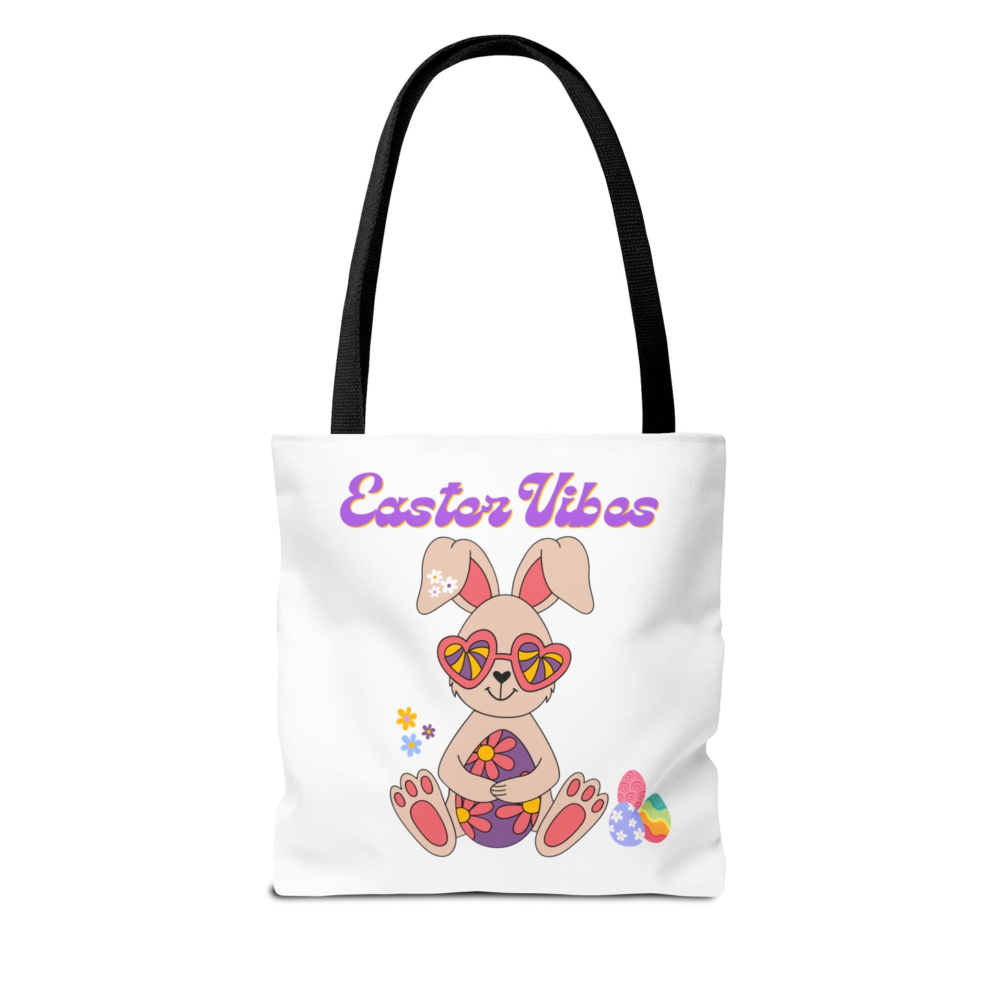 Easter Vibes Tote Bag with a Cool Bunny on the front with Easter Eggs and flowers