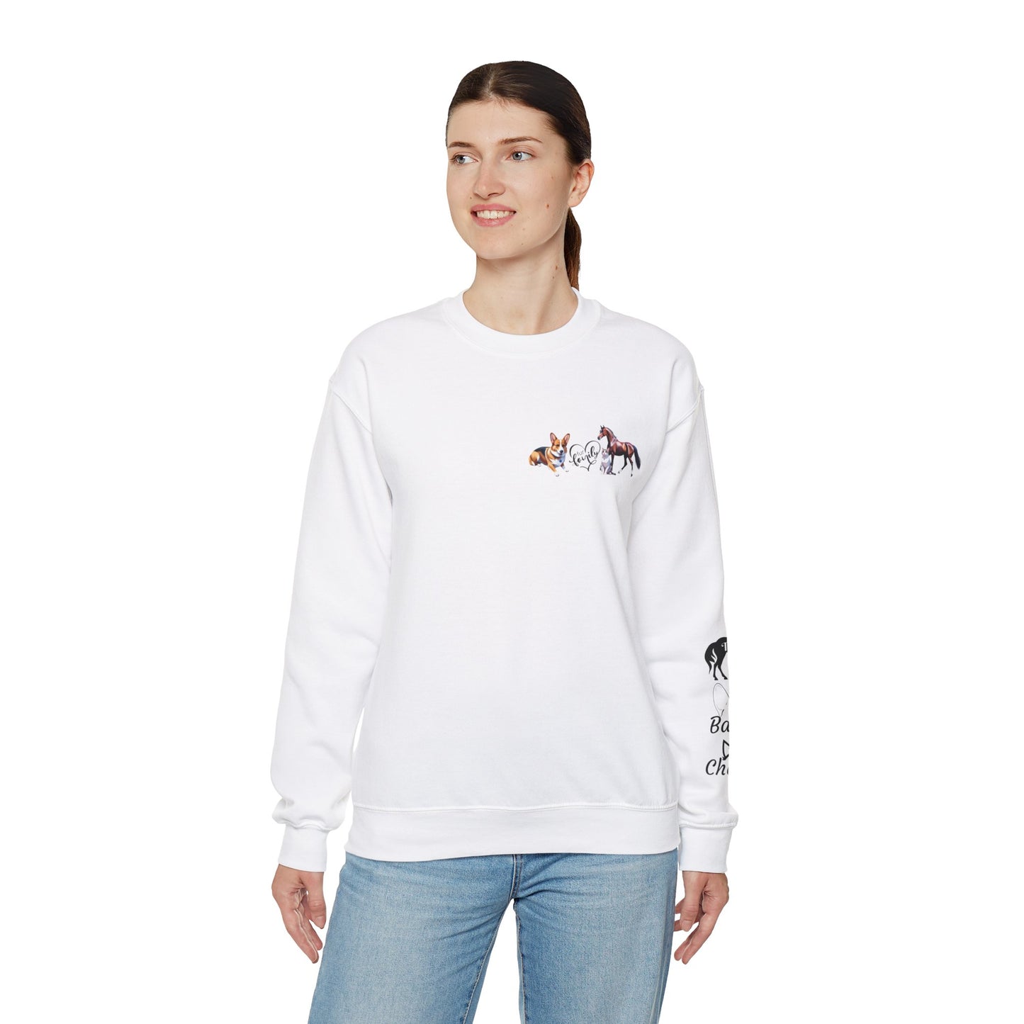 Fur Family Personalized Heavy Blend™ Crewneck Sweatshirt with your Cartoon Animals on the front and Names on the Sleeves