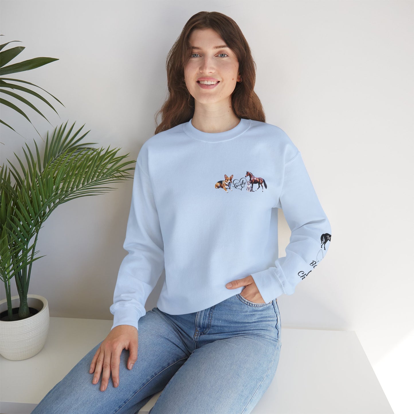 Fur Family Personalized Heavy Blend™ Crewneck Sweatshirt with your Cartoon Animals on the front and Names on the Sleeves
