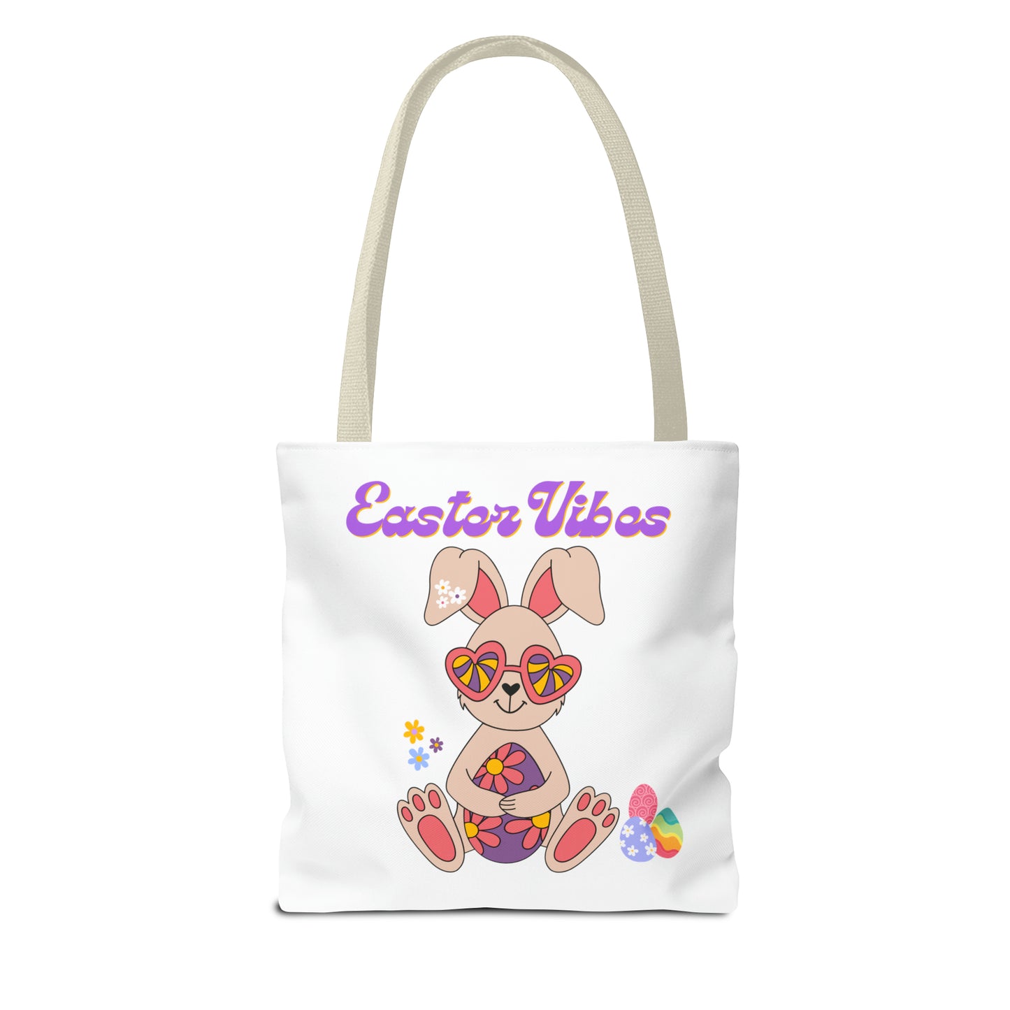 Easter Vibes Tote Bag with a Cool Bunny on the front with Easter Eggs and flowers