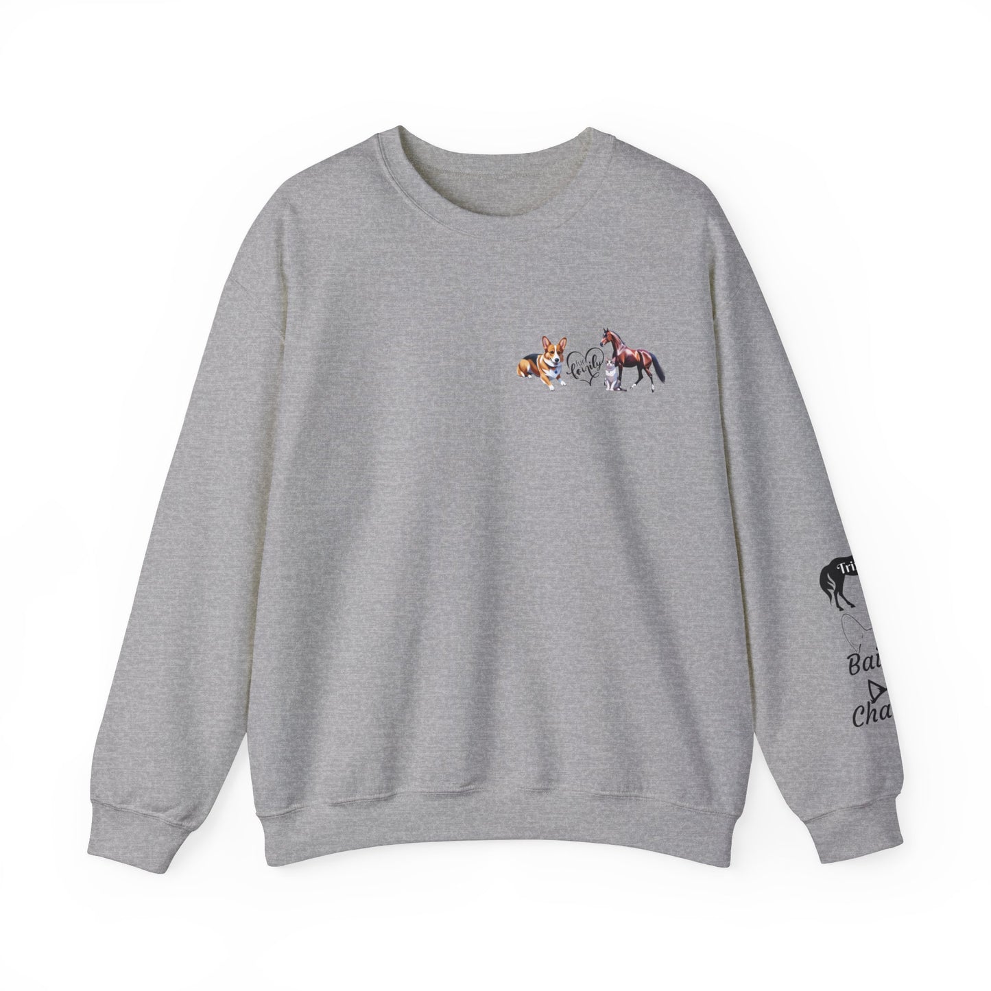 Fur Family Personalized Heavy Blend™ Crewneck Sweatshirt with your Cartoon Animals on the front and Names on the Sleeves