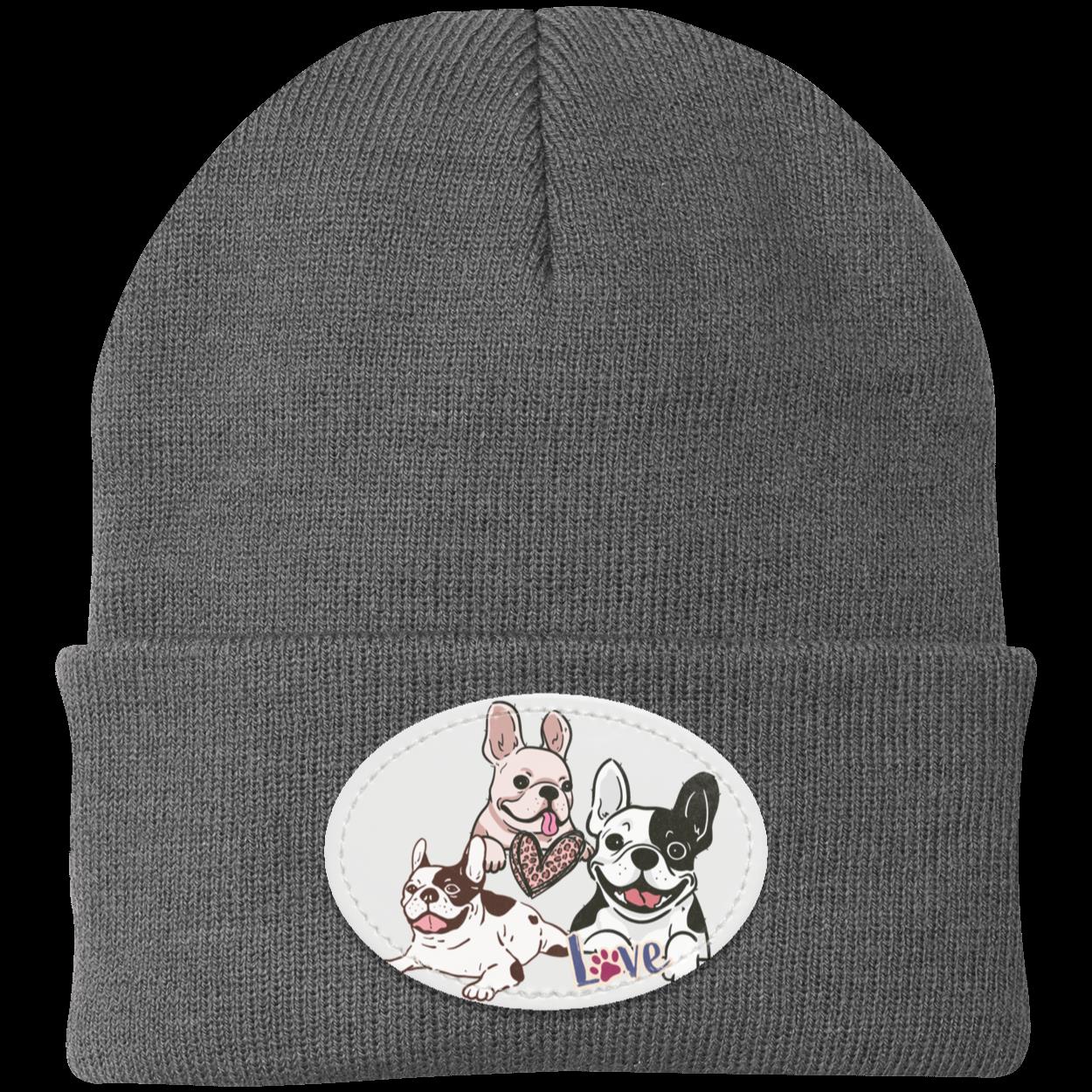 Frenchie Knit Cap featuring three cute French Bulldogs. Dog Hat. Very Warm