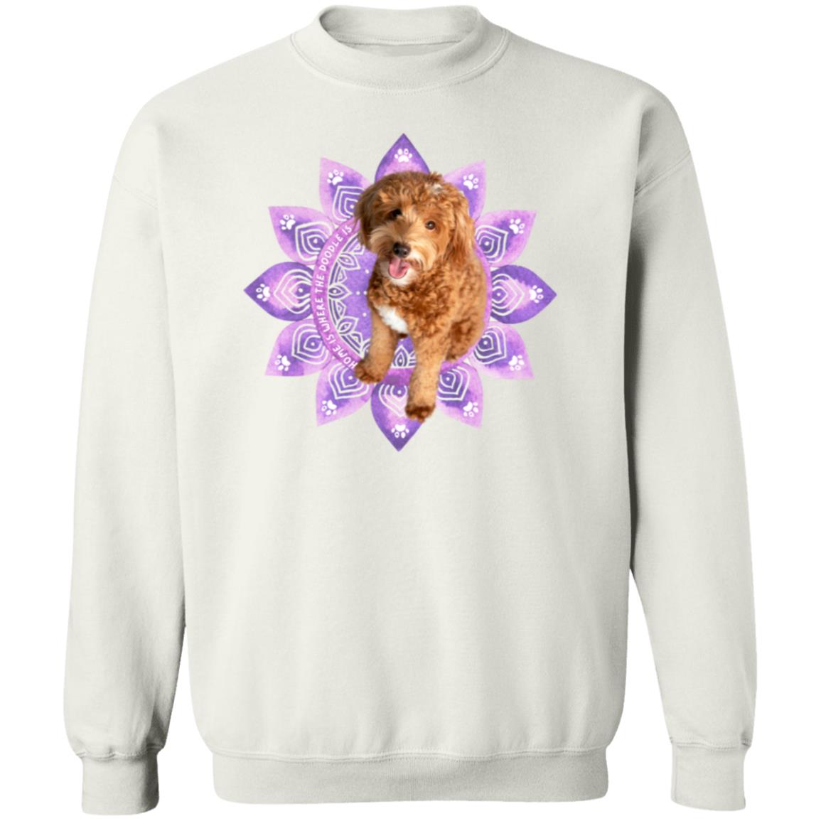 Cute Doodle sitting on a Purple Mandala Pullover Sweatshirt
