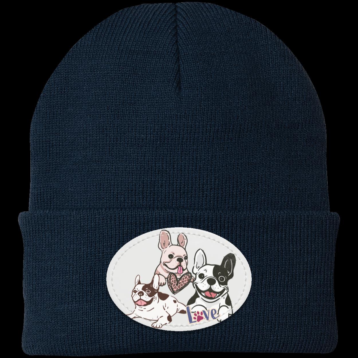 Frenchie Knit Cap featuring three cute French Bulldogs. Dog Hat. Very Warm