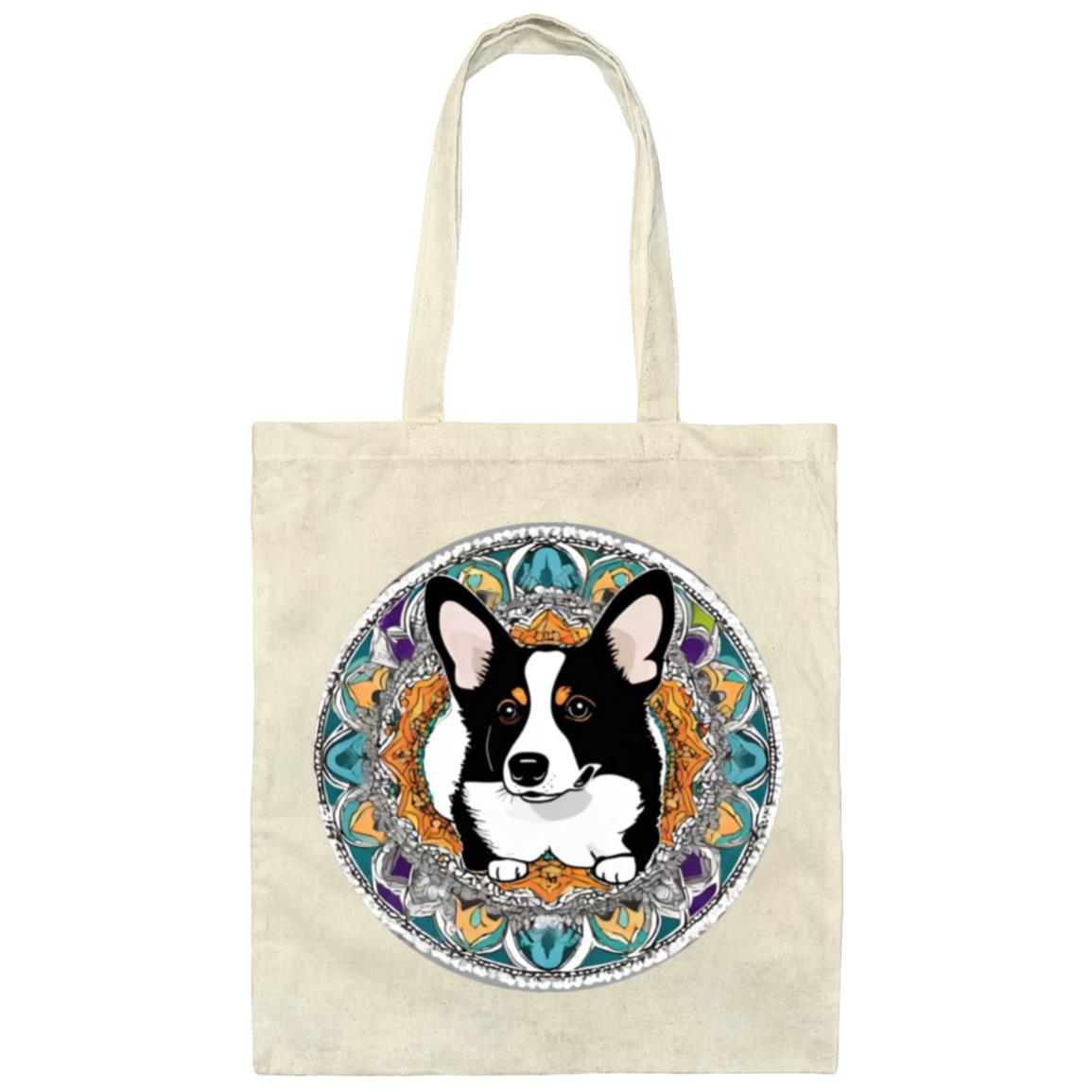 Black and White Corgi Mandala Canvas Tote Bag