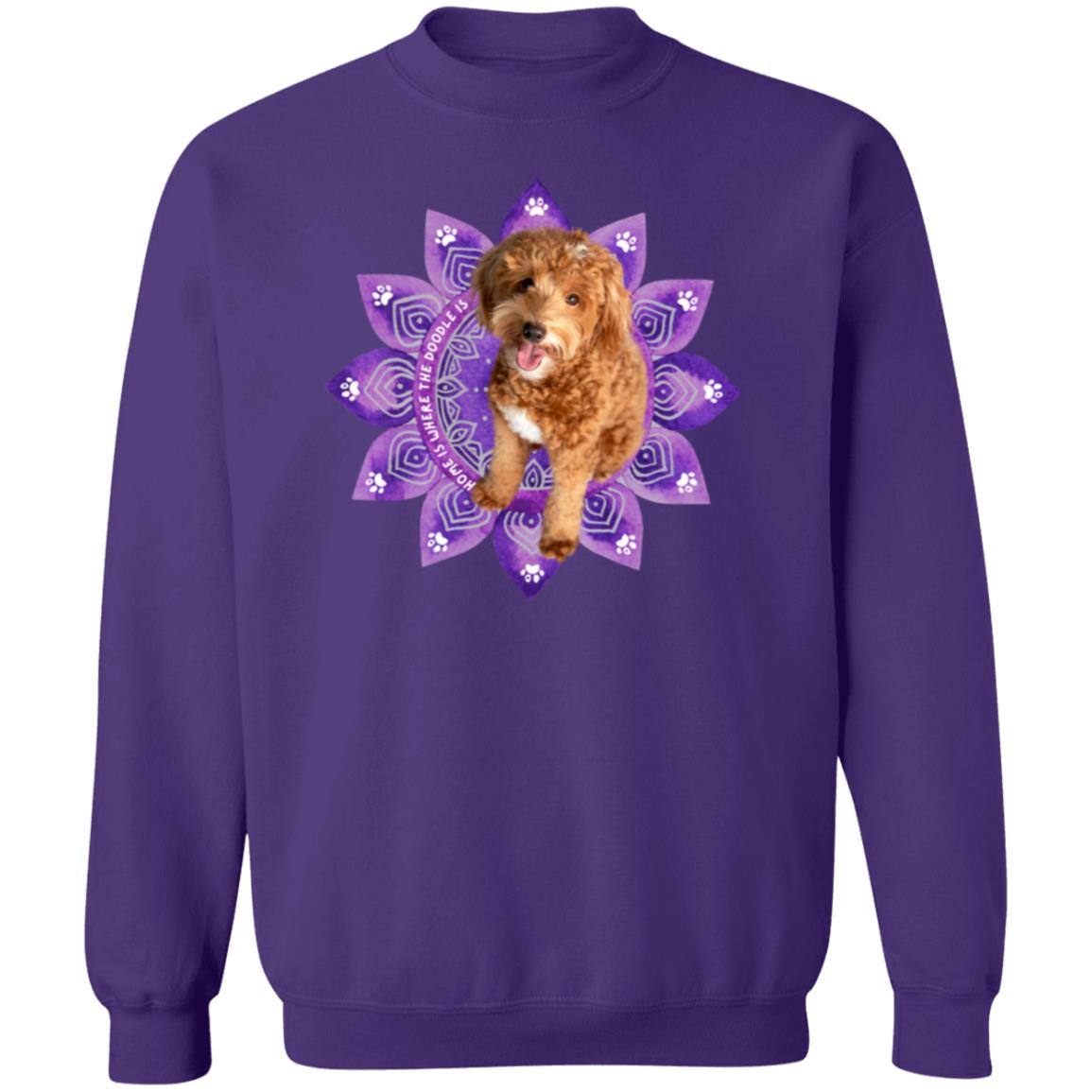 Cute Doodle sitting on a Purple Mandala Pullover Sweatshirt