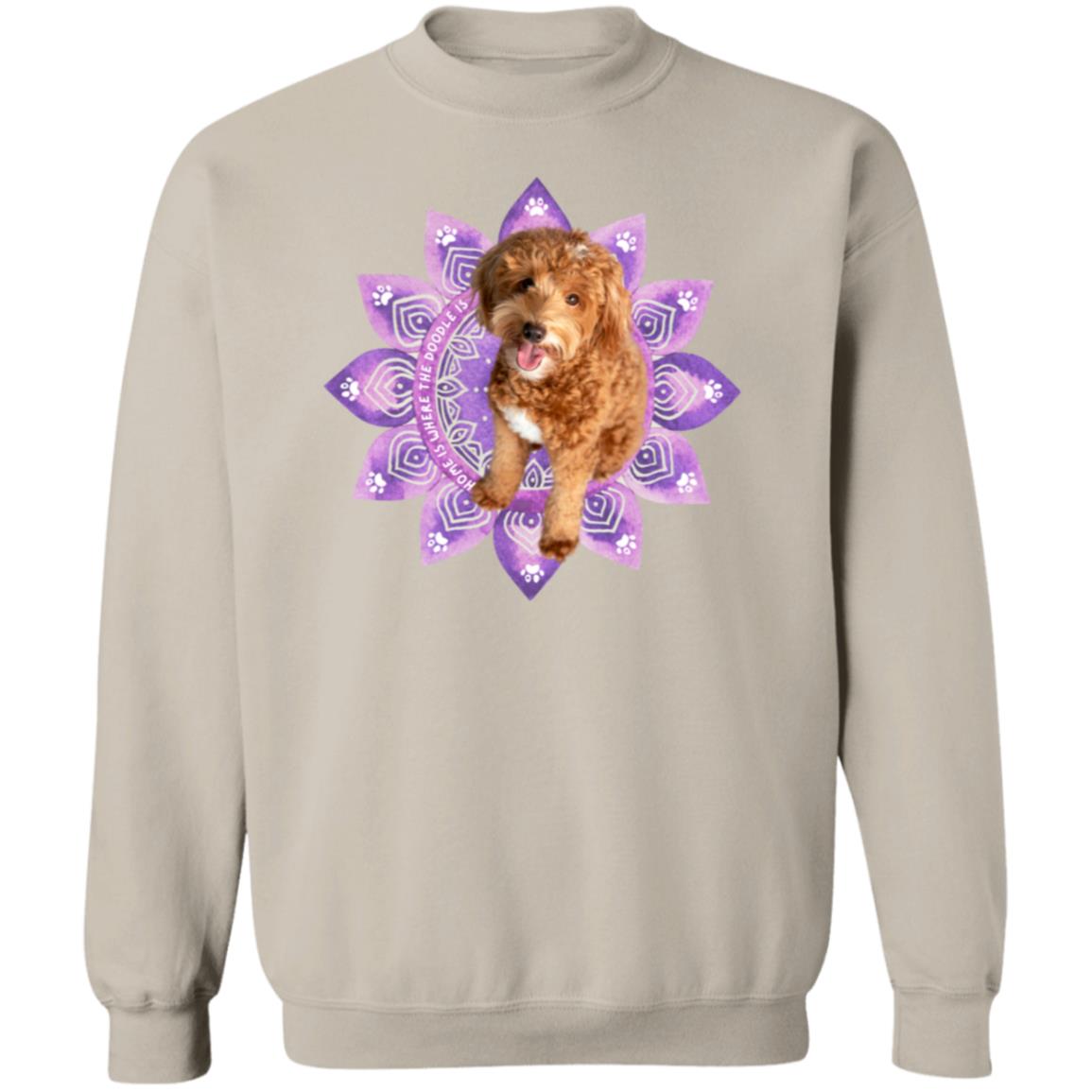 Cute Doodle sitting on a Purple Mandala Pullover Sweatshirt