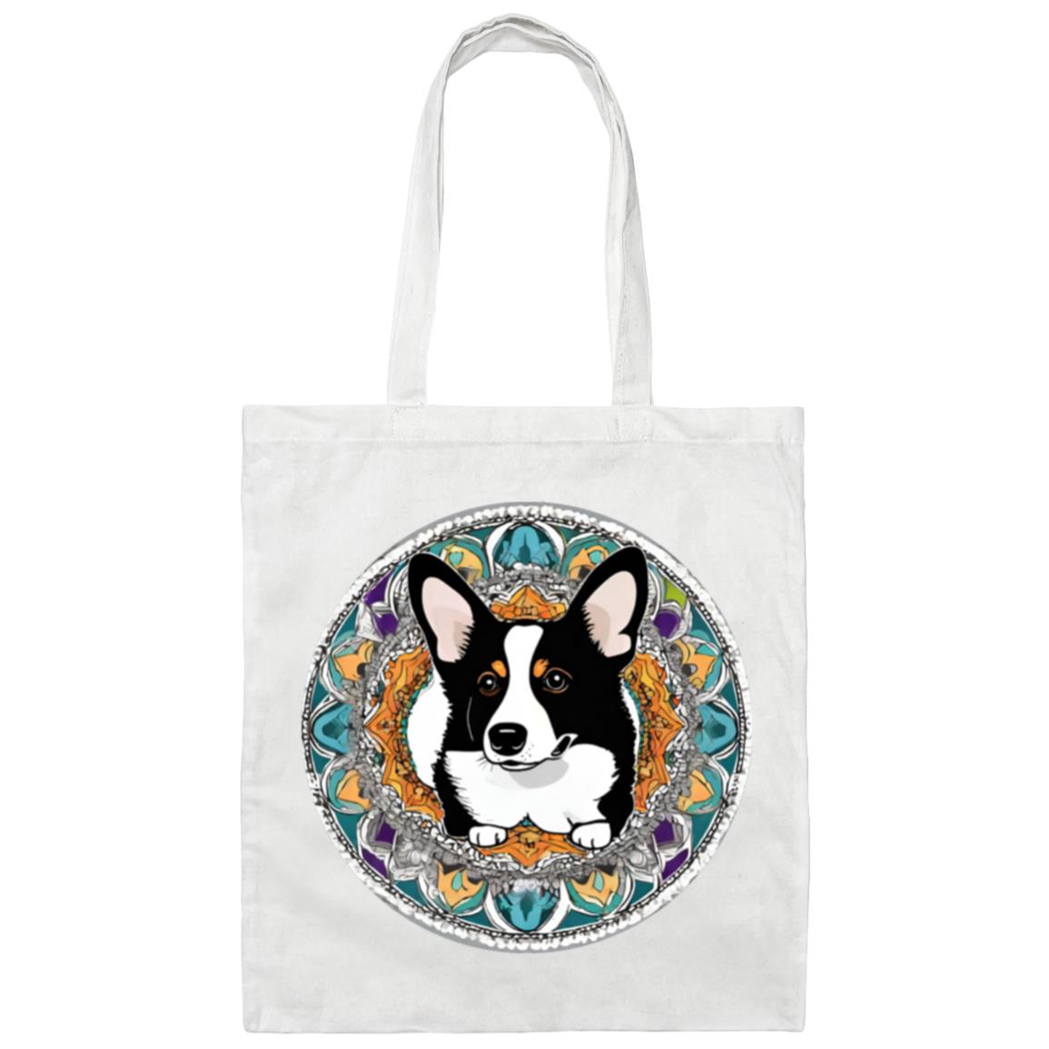 Black and White Corgi Mandala Canvas Tote Bag