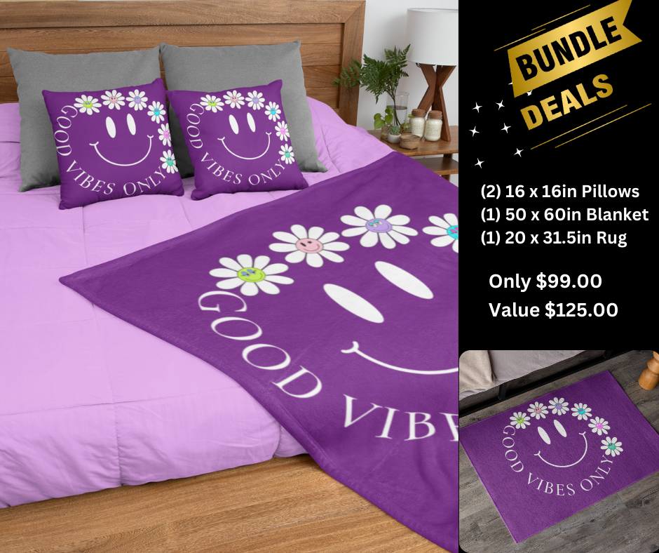 Good Vibes, Pillow, Blanket and Rug Bundle- Popular Smiley Face Design is perfect to brighten any room!