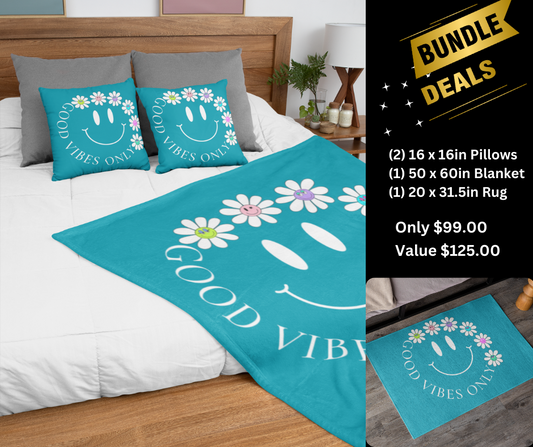 Good Vibes, Pillow, Blanket and Rug Bundle- Popular Smiley Face Design is perfect to brighten any room!