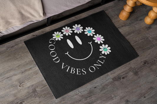 Good Vibes Only Indoor Doormat- Can be used as Bath Mat, Rug or Door Mat! Fun Smiley face design