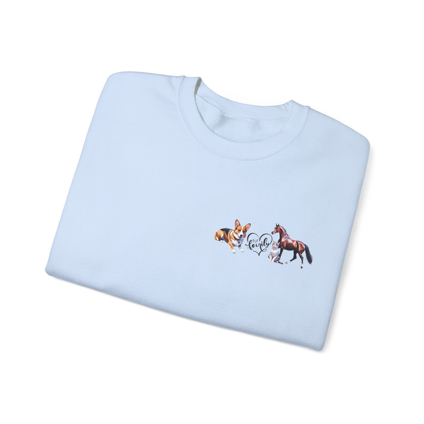 Fur Family Personalized Heavy Blend™ Crewneck Sweatshirt with your Cartoon Animals on the front and Names on the Sleeves