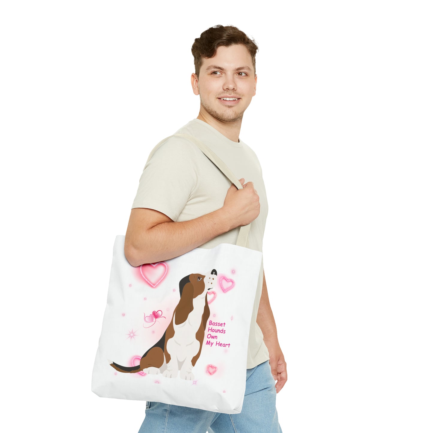 Basset Hound Large 18 x 18 Tote Bag that says Basset Hounds own my heart