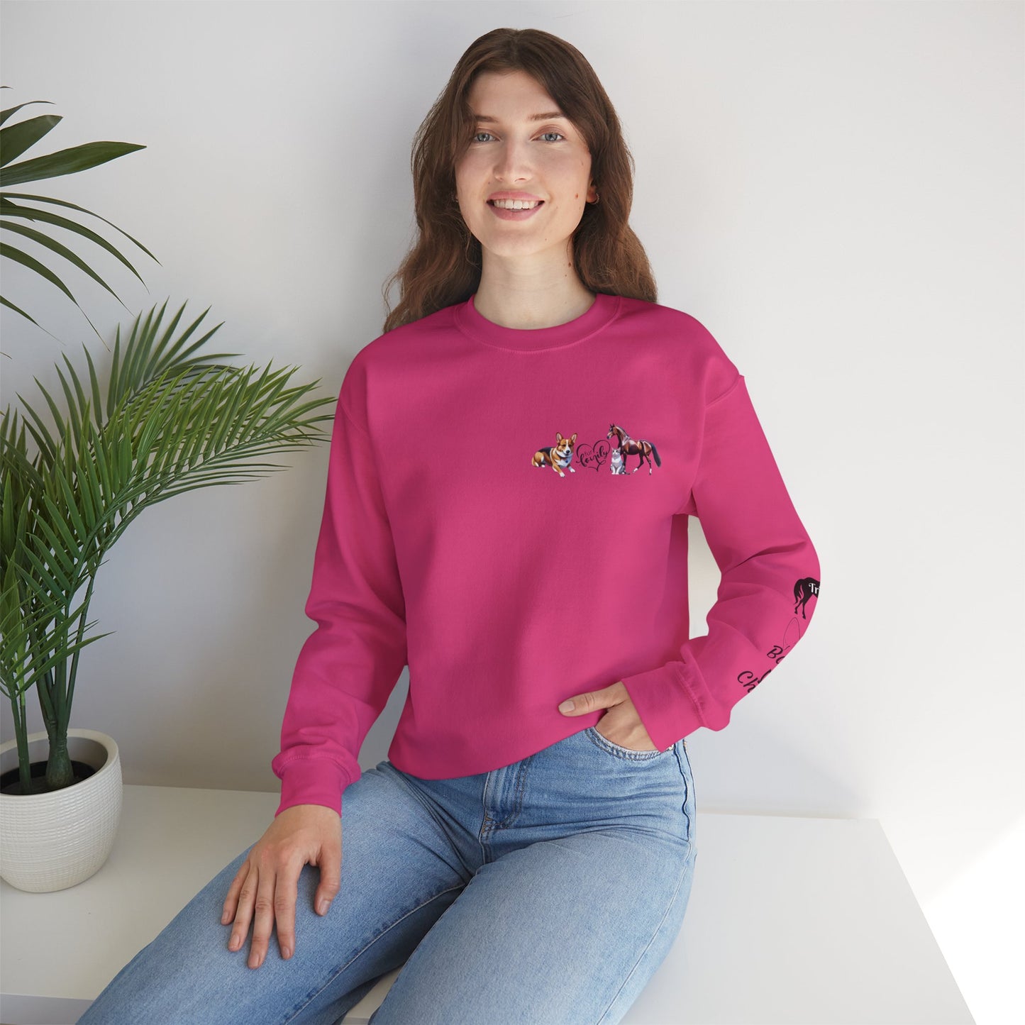 Fur Family Personalized Heavy Blend™ Crewneck Sweatshirt with your Cartoon Animals on the front and Names on the Sleeves