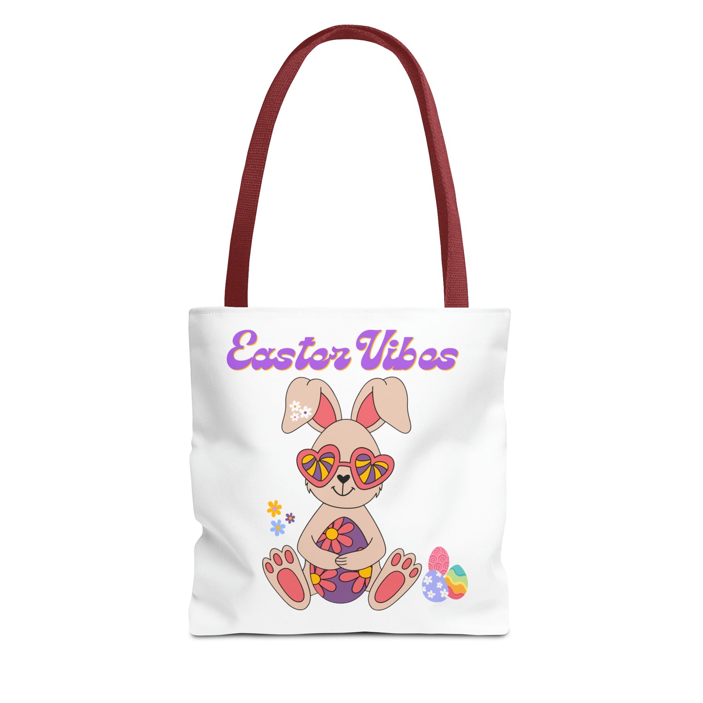 Easter  Vibes Tote Bag with a Cool Bunny on the front with Easter Eggs and flowers