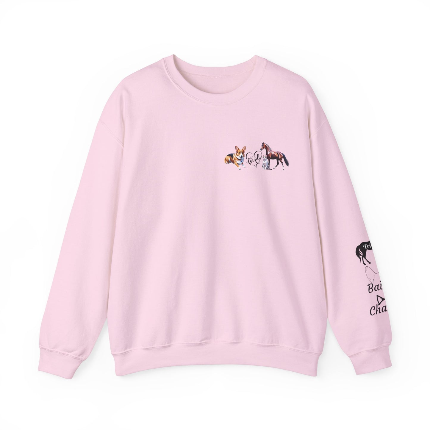 Fur Family Personalized Heavy Blend™ Crewneck Sweatshirt with your Cartoon Animals on the front and Names on the Sleeves