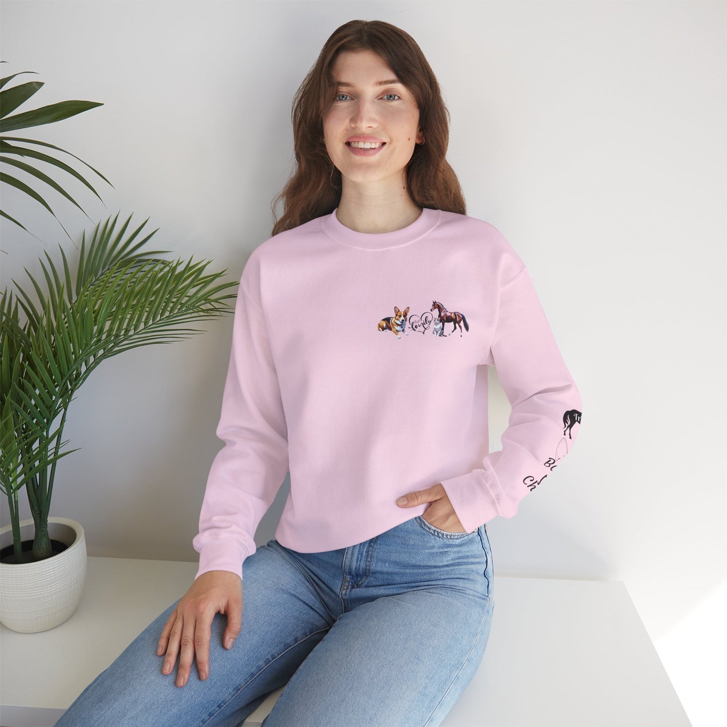 Fur Family Personalized Heavy Blend™ Crewneck Sweatshirt with your Cartoon Animals on the front and Names on the Sleeves