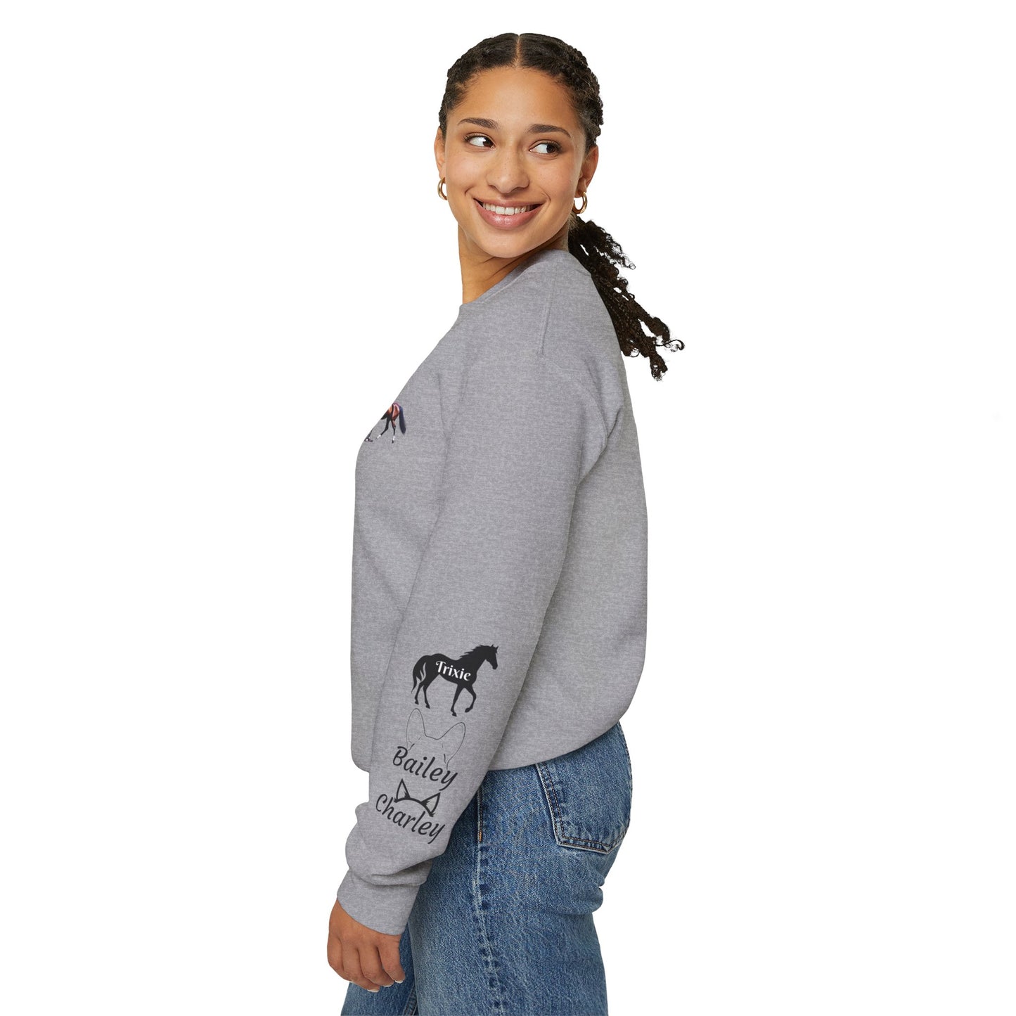 Fur Family Personalized Heavy Blend™ Crewneck Sweatshirt with your Cartoon Animals on the front and Names on the Sleeves