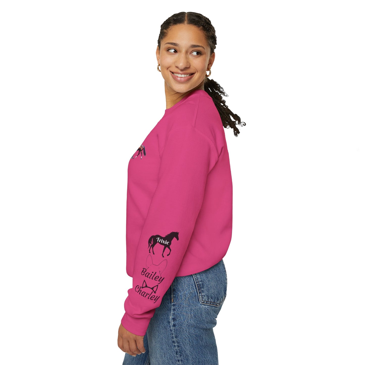 Fur Family Personalized Heavy Blend™ Crewneck Sweatshirt with your Cartoon Animals on the front and Names on the Sleeves