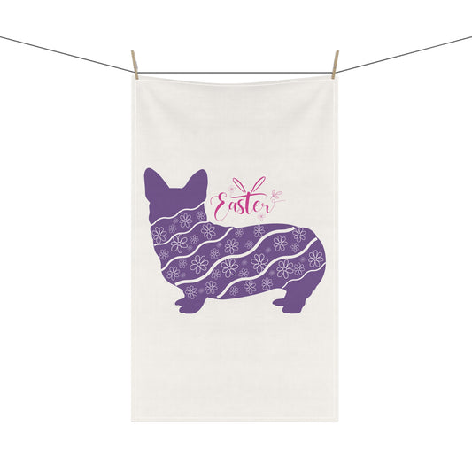 Easter Corgi Purple Flowers Kitchen Towel