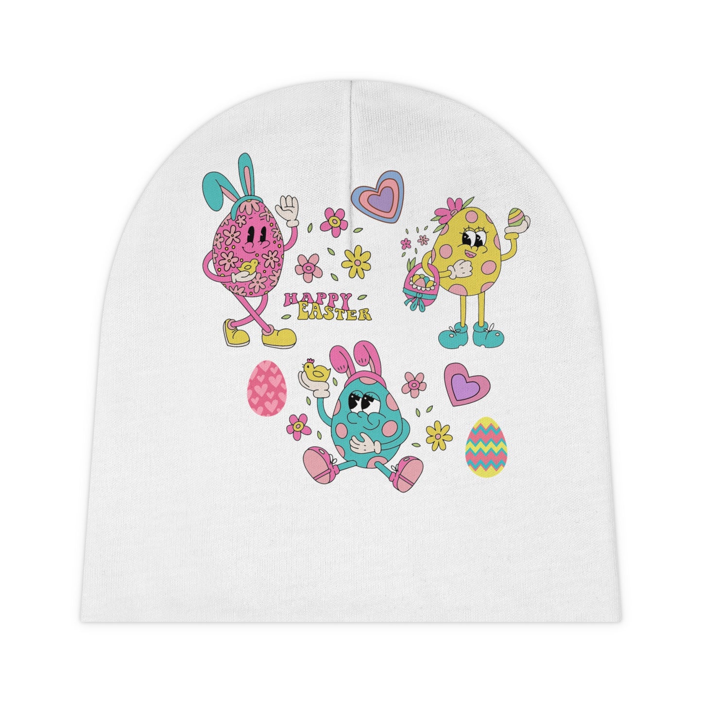 Happy Easter Baby Beanie Hat- Cute Infant Beanie with Bunnies and chicks on front