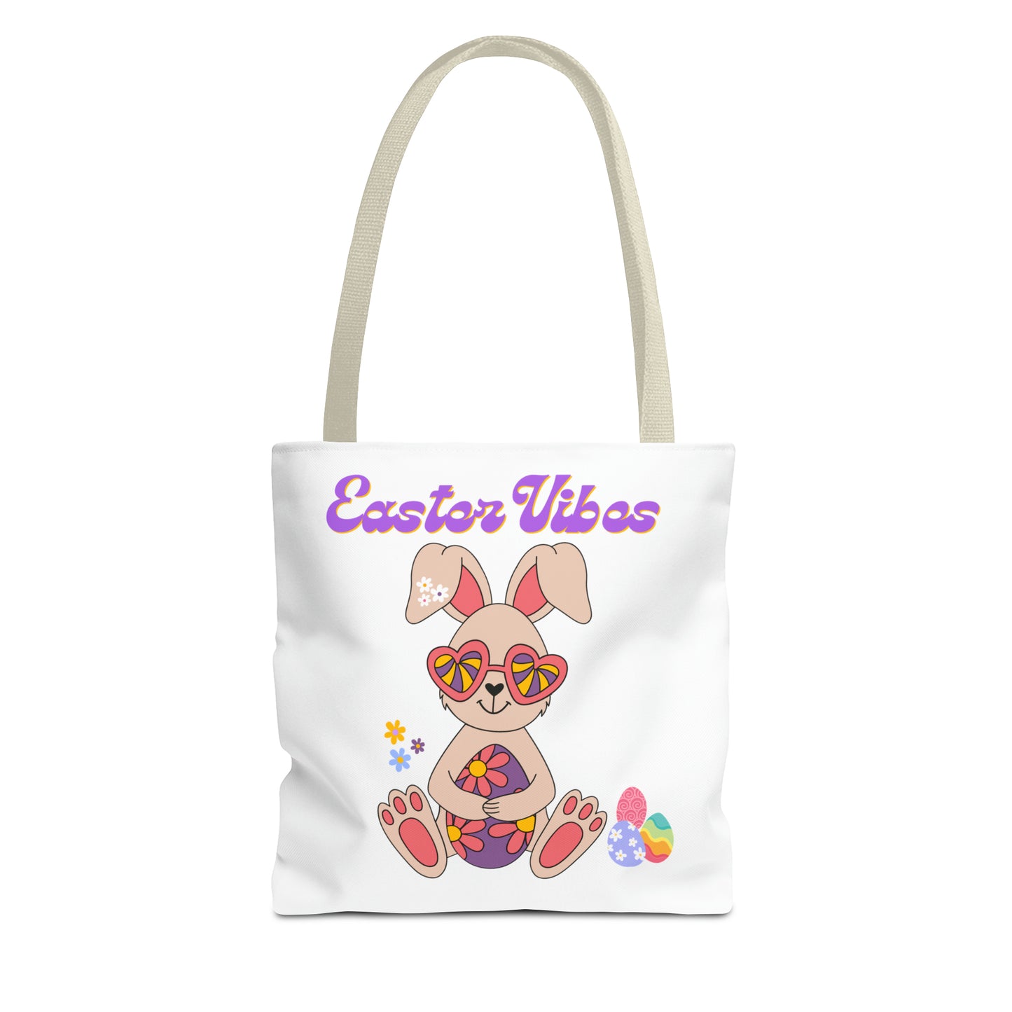 Easter  Vibes Tote Bag with a Cool Bunny on the front with Easter Eggs and flowers