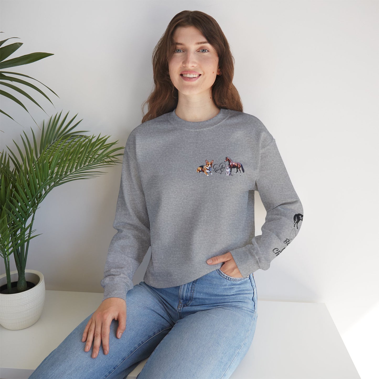 Fur Family Personalized Heavy Blend™ Crewneck Sweatshirt with your Cartoon Animals on the front and Names on the Sleeves