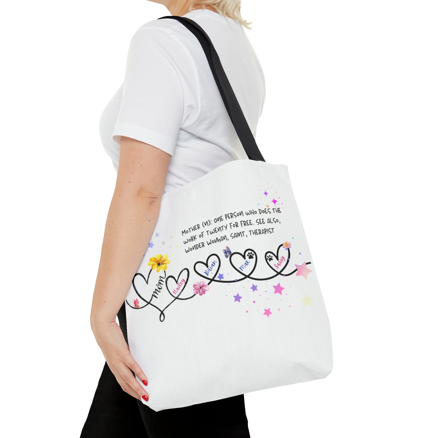 Personalized Mom Tote Bag - Custom Name Tote for Mom with Kids & Pets- Mom is a Noun