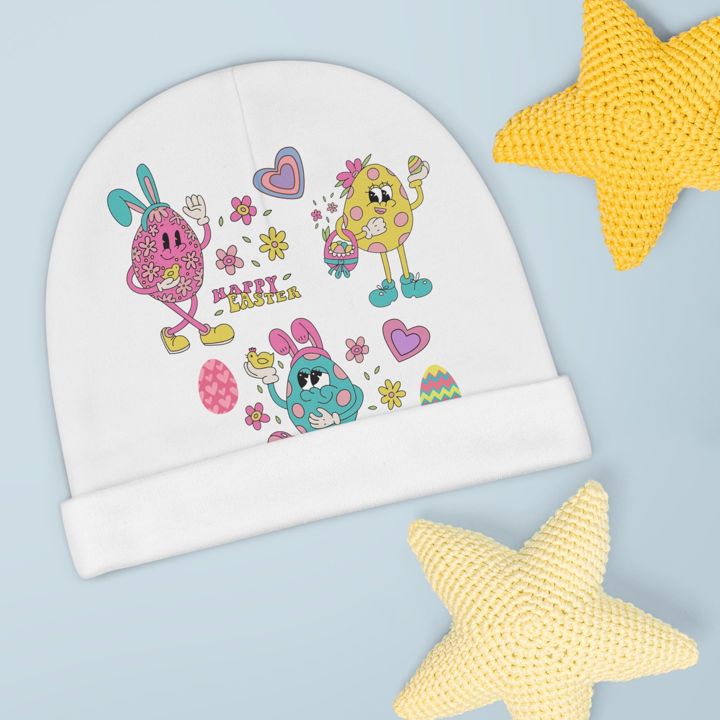 Happy Easter Baby Beanie Hat- Cute Infant Beanie with Bunnies and chicks on front